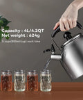 4.2 Quart Stainless Steel Whistling Tea Kettle With Brushed Satin Finish Induction And Gas Stove Top Compatible Durable SUS304 Build pouring water into glasses