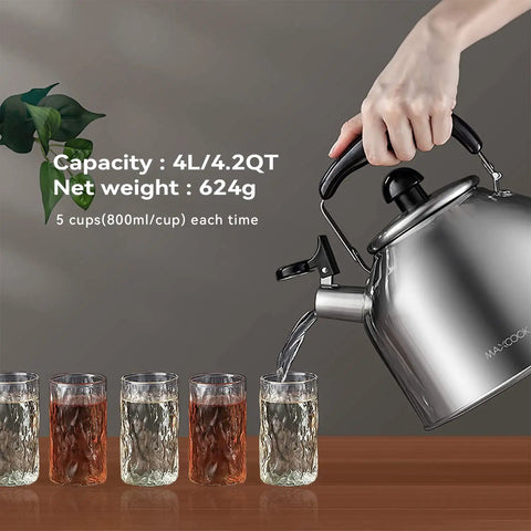 4.2 Quart Stainless Steel Whistling Tea Kettle With Brushed Satin Finish Induction And Gas Stove Top Compatible Durable SUS304 Build pouring water into glasses