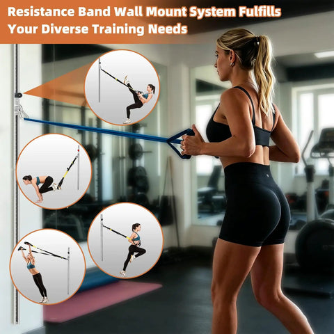 Adjustable Resistance Band Wall Mount System Heavy Duty Steel Anchor Kit For Home Gym with user demonstrating exercises.