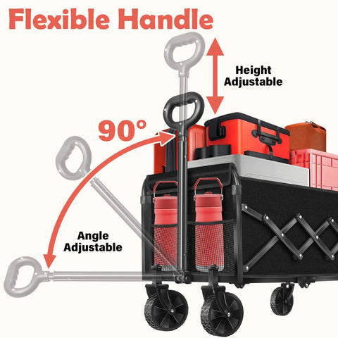 Collapsible Wagon Cart With Adjustable Handle No-Fuss 360 Lb Capacity Lightweight Black Haul Wagon for storage with flexible handles