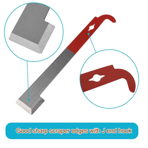 Five Pack Beehive Tool Set With J Hook Frame Lifter And Scraper Stainless Steel Beekeeper Tools showing sharp edges and J hook detail