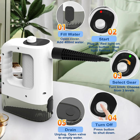 Powerful Handheld Steamer Uses 1200W Hot Steam To Cut Grease Fast, clear controls and water fill area for easy use.