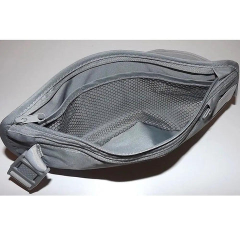 Open view of RFID Blocking Undergarment Waist Pouch Travel Wallet With Dual Zipper Pockets And Drop Pockets for secure travel