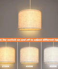 Plug In Pendant Lights Duo With 15ft Hemp Rope And Beige Linen Shade, shown in three color temperatures 2700K, 4000K, 5000K.