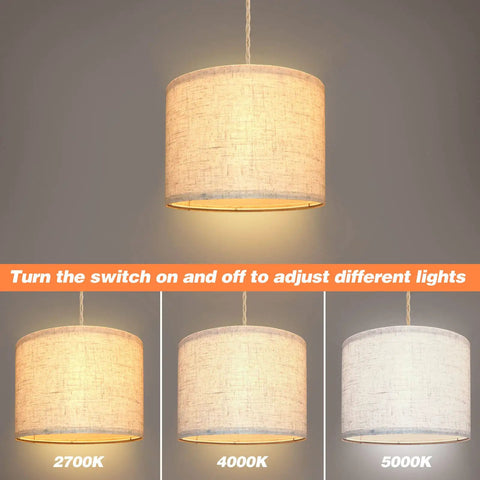 Plug In Pendant Lights Duo With 15ft Hemp Rope And Beige Linen Shade, shown in three color temperatures 2700K, 4000K, 5000K.