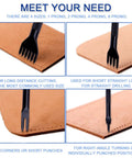 Image showing four prong punches of a Diamond Hole Leather Stitching Chisel Set with Rhombus Teeth, 5mm Prongs in 1/2/4/6 sizes.