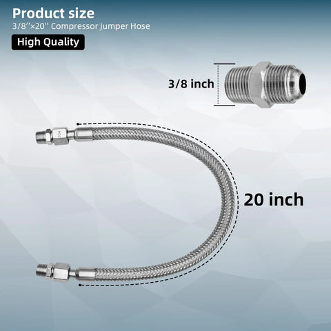 Built Tough 3/8 NPT Male Stainless Steel Compressor Jumper Hose, 20 Ft Long, 450 PSI, visible with measurements