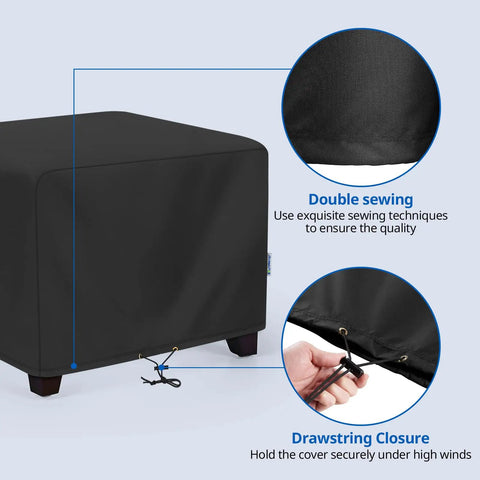 Outdoor Ottoman Cover 26W By 26D By 18H Square Coffee Table Waterproof All Weather Protection, close-up of drawstring closure and sewing detail.