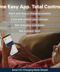 Heavy Hitter Level 2 EV Charger With 48 Amp Output And Smart App Control Wifi Bluetooth Sync For Rapid Home Charging Nema Type 4 weather sealed app interface with charging options.