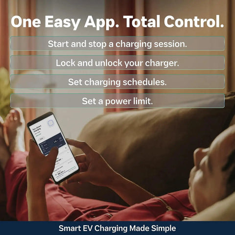 Heavy Hitter Level 2 EV Charger With 48 Amp Output And Smart App Control Wifi Bluetooth Sync For Rapid Home Charging Nema Type 4 weather sealed app interface with charging options.