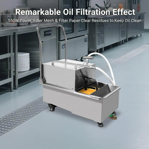 Heavy Duty Commercial Mobile Fryer Oil Filter Cart Wagon With 55 Liter Tank And 14.5 Gallon Capacity Offers Super Fast 550 Watt Filtration Pumping Up To 8.45 Gpm For Deep Fryers Keeping Kitchen Clean in a kitchen setting.