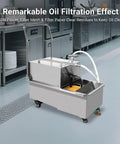 Heavy Duty Commercial Fryer Filter Machine For 55 Gallon Oil Filtration with stainless steel body and 550W pump in kitchen setting.