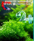 Glass CO2 Drop Checker For Aquarium Complete Plant Tank CO2 Monitor Kit With Reagent Solution And Suction Cups Easy Read CO2 Indicator For Planted Tanks Detects Carbon Dioxide Levels Quickly And Accurately, mounted on planted aquarium glass