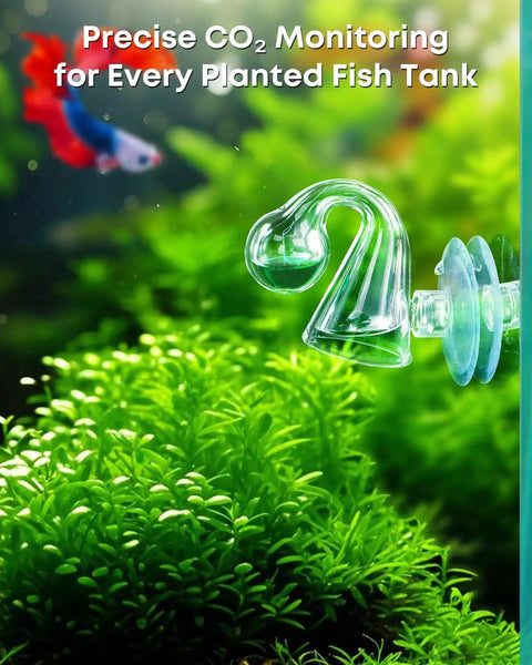 Glass CO2 Drop Checker For Aquarium Complete Plant Tank CO2 Monitor Kit With Reagent Solution And Suction Cups Easy Read CO2 Indicator For Planted Tanks Detects Carbon Dioxide Levels Quickly And Accurately, mounted on planted aquarium glass