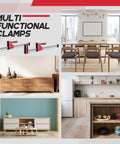 Multi-functional clamps displayed in various home settings. Four Piece 24 Inch Heavy Duty Parallel Clamps Set For Woodworking And Metalworking