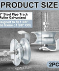 2 Pack 5 Inch Sliding Gate Rollers Galvanized Steel Pipe Track Gate Hardware Kit For One And Five Eighths Inch Pipe Track Fence, showing size and components