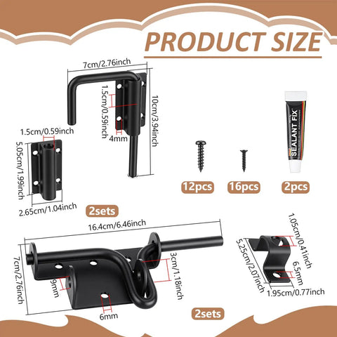 INTERWARM 4Pcs Slide Bolt Gate Latch for Wooden Fence size chart with dimensions and hardware details.
