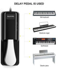 Universal Sustain Pedal For Yamaha Casio MIDI Roland Digital Keyboards And Pianos With Polarity Switch Six Foot Cable And Quarter Inch Jack shown with compatible instruments.