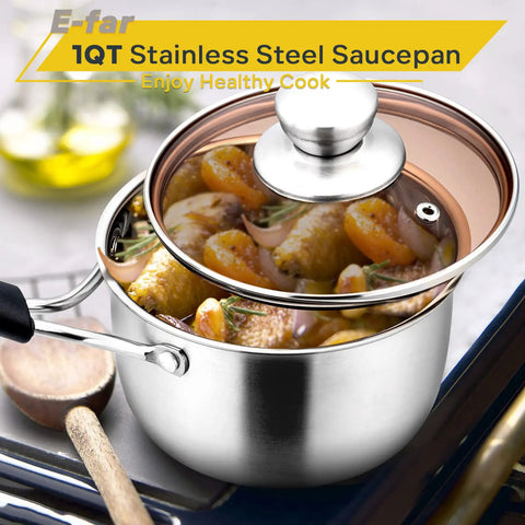 1 Quart Stainless Steel Saucepan With Glass Lid For Easy Cooking on a stovetop with food inside