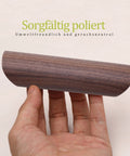 Hand holding Wooden Drawer Handles 4 Pack For Cabinet Cupboard Dresser And Wardrobe Drawers With 3.77 Inch Hole Distance in Black Walnut.
