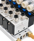 Close-up of Five Station Solenoid Valve Manifold, 110V AC, 5 Way 2 Position Pneumatic Air Valve, 1/4 Inch PT Port, metal fittings