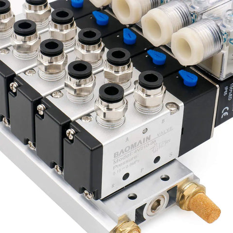 Close-up of Five Station Solenoid Valve Manifold, 110V AC, 5 Way 2 Position Pneumatic Air Valve, 1/4 Inch PT Port, metal fittings