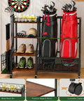 Garage Golf Bag Storage Organizer Holds 2 Full Size Bags With 360 Degree Swivel Wheels Wood Shelves Anti Tip Straps And A Sturdy Steel Frame For Stable Easy Access And Ready Club Organization, shown with filled bags, shoes, and clubs.