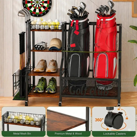Garage Golf Bag Storage Organizer Holds 2 Full Size Bags With 360 Degree Swivel Wheels Wood Shelves Anti Tip Straps And A Sturdy Steel Frame For Stable Easy Access And Ready Club Organization, shown with filled bags, shoes, and clubs.