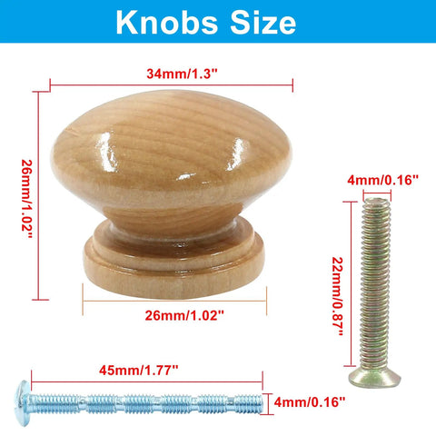 Diagram showing dimensions of wood dresser knobs mushroom shape drawer pulls set of 6 for kitchen cabinets wardrobe cupboard and dresser
