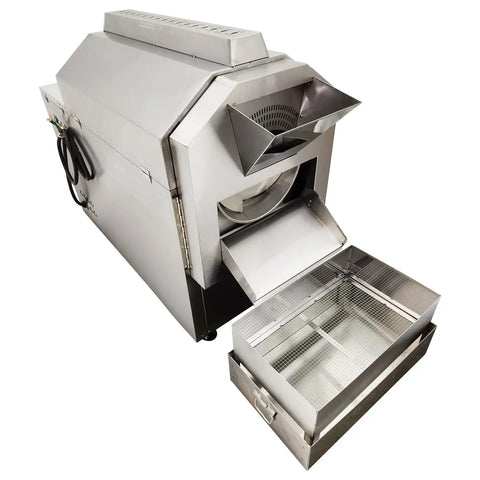 Heavy Duty Electric Coffee Roaster Commercial Bean Roasting Machine For Nuts Peanuts And Chestnuts With Precision Heat Control No Fuss Operation Smooth Operator Gear For Serious Hustlers 220V, featuring stainless steel drums and trays.