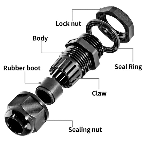 Twenty Pack Nylon Cable Glands 3/8 NPT Waterproof IP68 Cord Grip Strain Relief for 5 to 9 mm Cables Black Exploded View