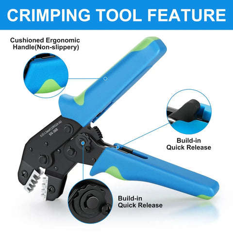 Heavy Duty Ratchet Wire Crimper Tool Hella Tight Grip For Open Barrel Terminal Connectors features cushioned ergonomic handle and quick release.
