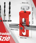 Must Have 3 In 1 Cabinet Door Mounting Jig With Support Base shown with drill bits and measurements, ideal for cabinet hinge positioning.