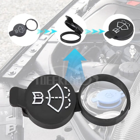 Windshield Washer Fluid Cap Replacement For GM Rides And SUVs installed on a vehicle reservoir, illustrating installation steps