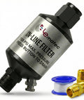 Inline Moisture Separator And Air Dryer With Push Button Drain Valve 1 Quarter Inch NPT For HVLP Spray Gun Sandblaster And Plasma Cutter Delivers Crisp Dry Air From 2 To 150 PSI shown with fittings and tape