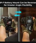 NP-F Battery Plate With Quick Release And Arca Swiss Mount in reverse angles on DSLR camera, highlighting flexible use.