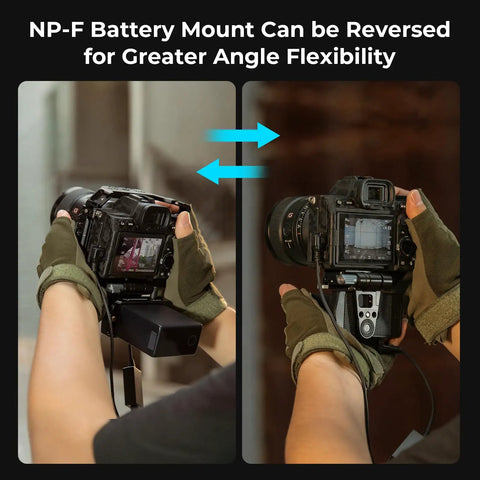 NP-F Battery Plate With Quick Release And Arca Swiss Mount in reverse angles on DSLR camera, highlighting flexible use.