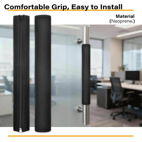 2 Pack Zippered Door Handle Covers For Commercial Doors, 11.5 Inch Length, Universal Fit For Handles 1.25 To 1.45 Inch Diameter, Built Tough Heat And Cold Resistant Neoprene And Polyester, Black, shown on office door handle