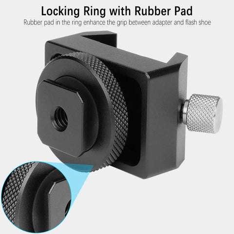 Close-up of Finderscope Mount Adapter with dovetail base, 1/4 inch hole, locking ring with rubber pad, hotshoe coldshoe ready