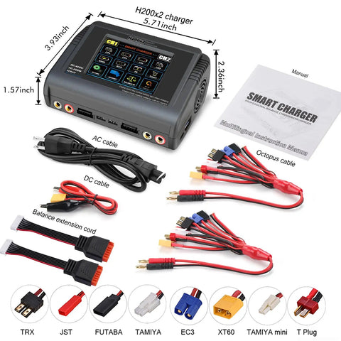 Dual RC Battery Charger With Touch Screen Beefy Power 200W AC Or 400W DC Fast Balance Charger And Discharger 12A Per Channel with cables and manual