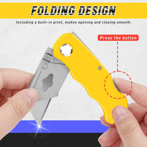 Close-up of yellow folding utility knife with extended steel blade.