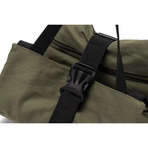 Close-up of canvas material and buckle on Multi Purpose Roll Up Tool Bag And Wrench Roll With Canvas Tool Organizer For Car First Aid Kit Wrap Hanging Zipper Carrier Tote Versatile Pouch For Sockets Screwdrivers And Small Tools Great For Road Trips And DIY.