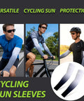 Three cyclists wearing cycling sun sleeves while riding bikes; insert shows close-up of the sleeves; helps with sun protection.