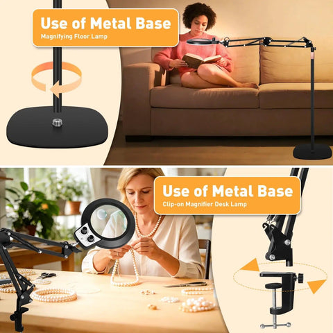 Large Floor Magnifying Glass With Light And Stand in a living room, adjustable height, used for reading and hobbies.