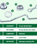 Beefed Up Front Draft Arm Kit For Mower Deck Lift And Height Adjustment Fits 102 115 125 155C D155 D105 LA L100 L120 L130 LA120 D140XSE Series Replacement Parts GX20497A GX24864A front draft rod, washer, lock nut, and spring pin