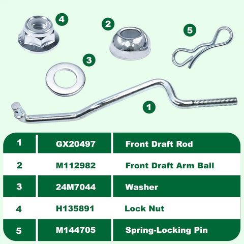Beefed Up Front Draft Arm Kit For Mower Deck Lift And Height Adjustment Fits 102 115 125 155C D155 D105 LA L100 L120 L130 LA120 D140XSE Series Replacement Parts GX20497A GX24864A front draft rod, washer, lock nut, and spring pin