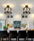 2-Pack Semi Flush Mount Ceiling Light Fixture Farmhouse Matte Black Metal with Open Drum Shade over kitchen island