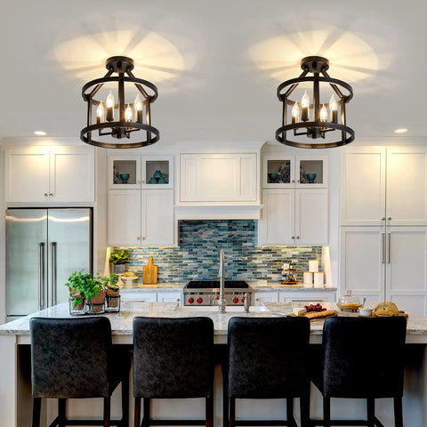 2-Pack Semi Flush Mount Ceiling Light Fixture Farmhouse Matte Black Metal with Open Drum Shade over kitchen island