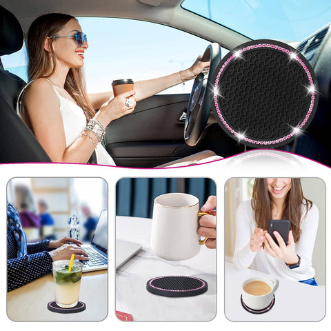 Four Pack Car Coasters With Crystal Rhinestones Universal 2.75 Inch Silicone Cup Holder Coasters used in various settings