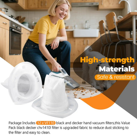 Woman using vacuum with 12 Pack VF110 Vacuum Filter Replacement for Black and Decker Handheld Vacuums in kitchen